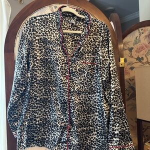 PINK Leopard Print Satin Pajama Shirt Long Sleeve, Size Large